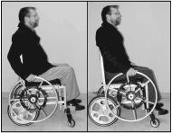 – Pictures showing a subject seated in the prototype wheelchair with pushrims in a posterior/standard position and in a position anterior to the subject’s center of mass.